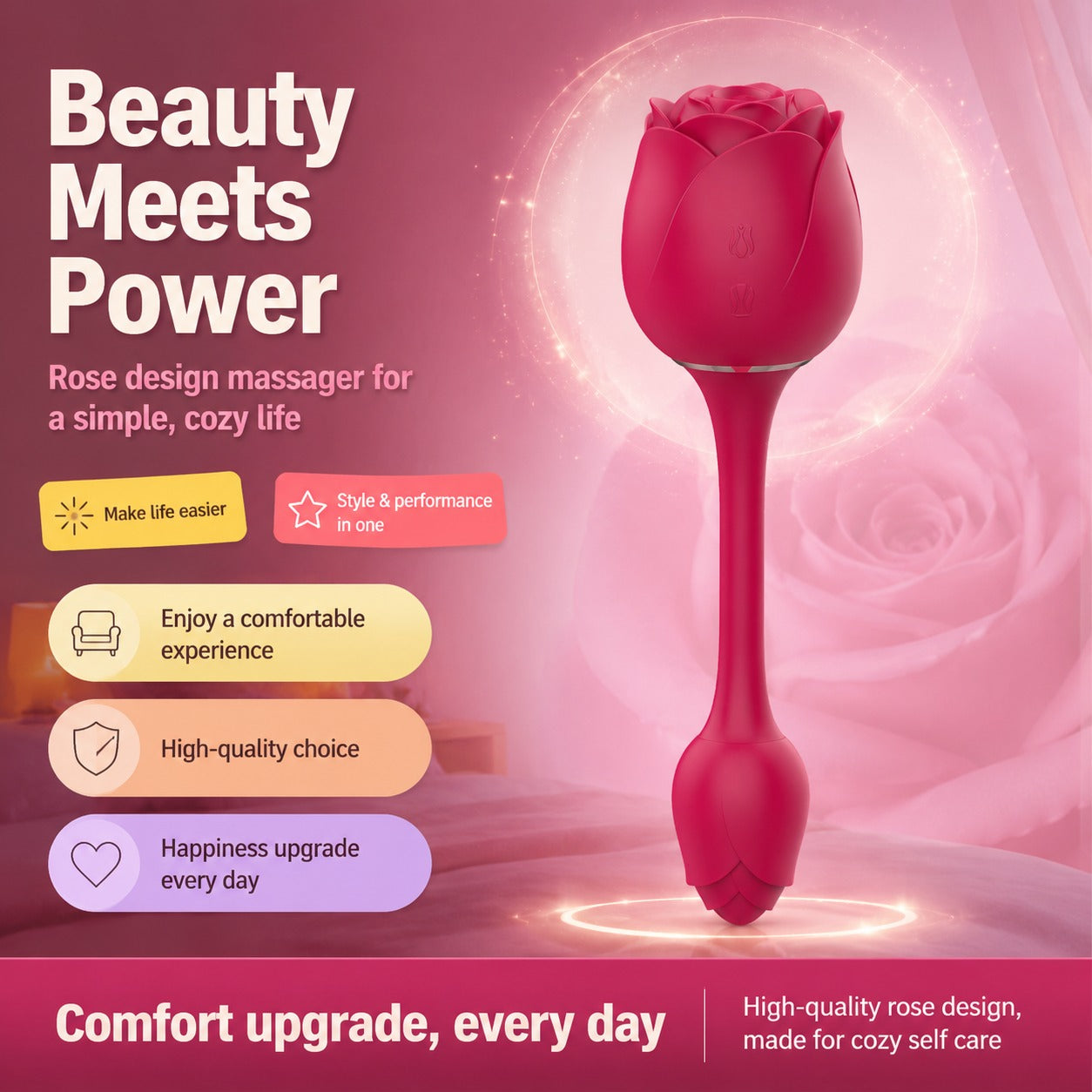 S-HANDE S389-3 Rose Shaped Multi-Function Body Wellness Device | 9 Rhythm Modes Flexible IPX7 Waterproof Magnetic USB Rechargeable Skin-Safe Personal Care Device